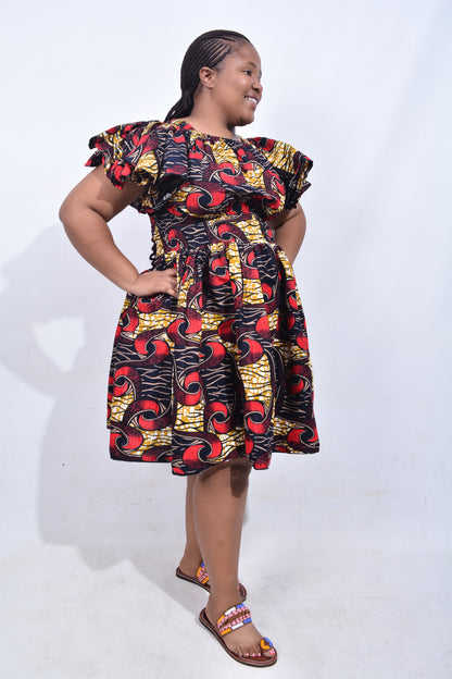 T8215 Traditional African Kente Fabric Red, Yellow, Brown, White & Black Dress