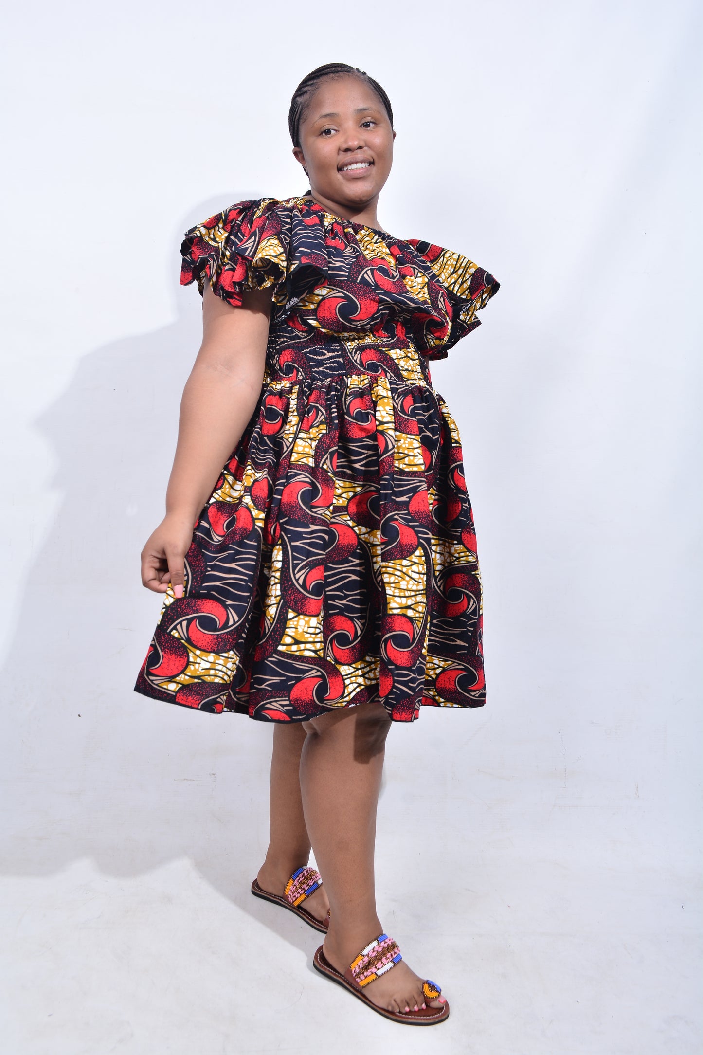 T8215 Traditional African Kente Fabric Red, Yellow, Brown, White & Black Dress