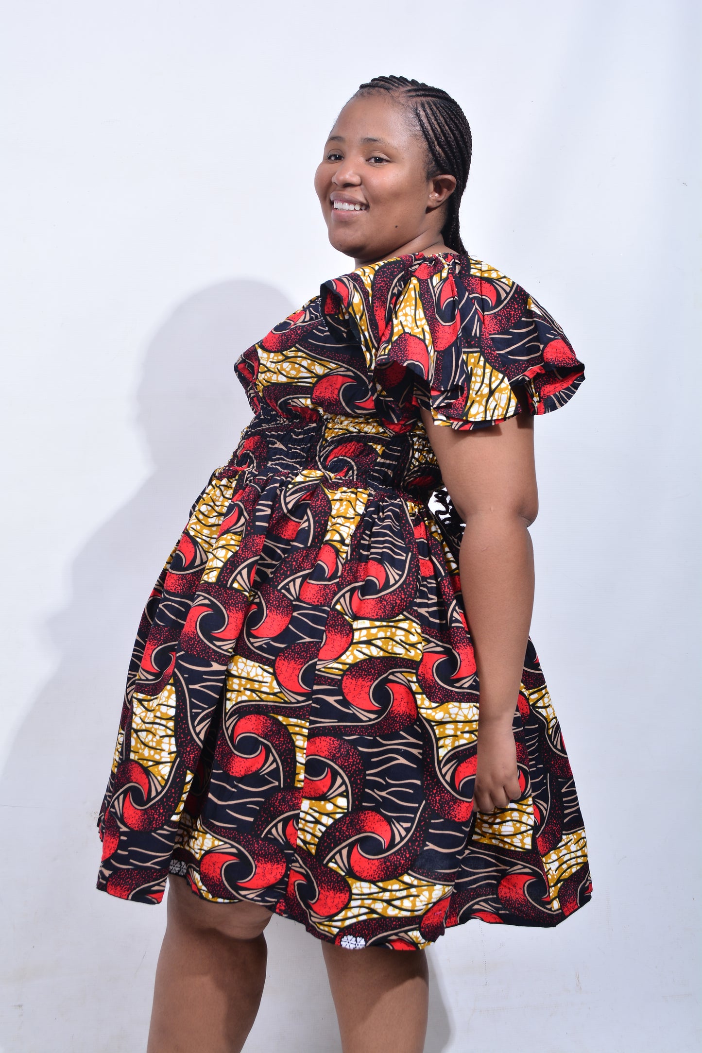 T8215 Traditional African Kente Fabric Red, Yellow, Brown, White & Black Dress