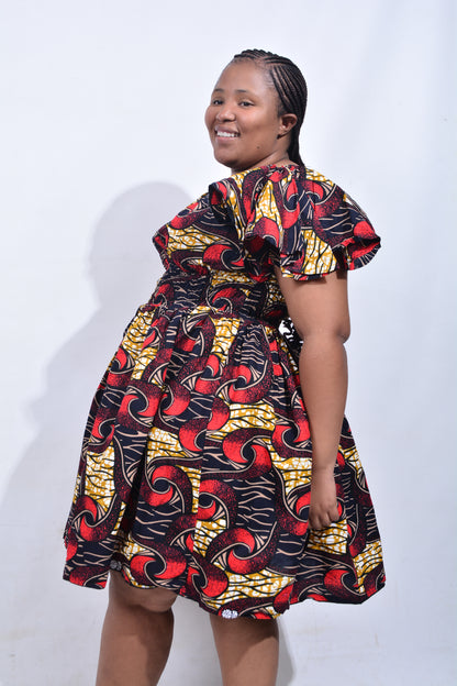 T8215 Traditional African Kente Fabric Red, Yellow, Brown, White & Black Dress