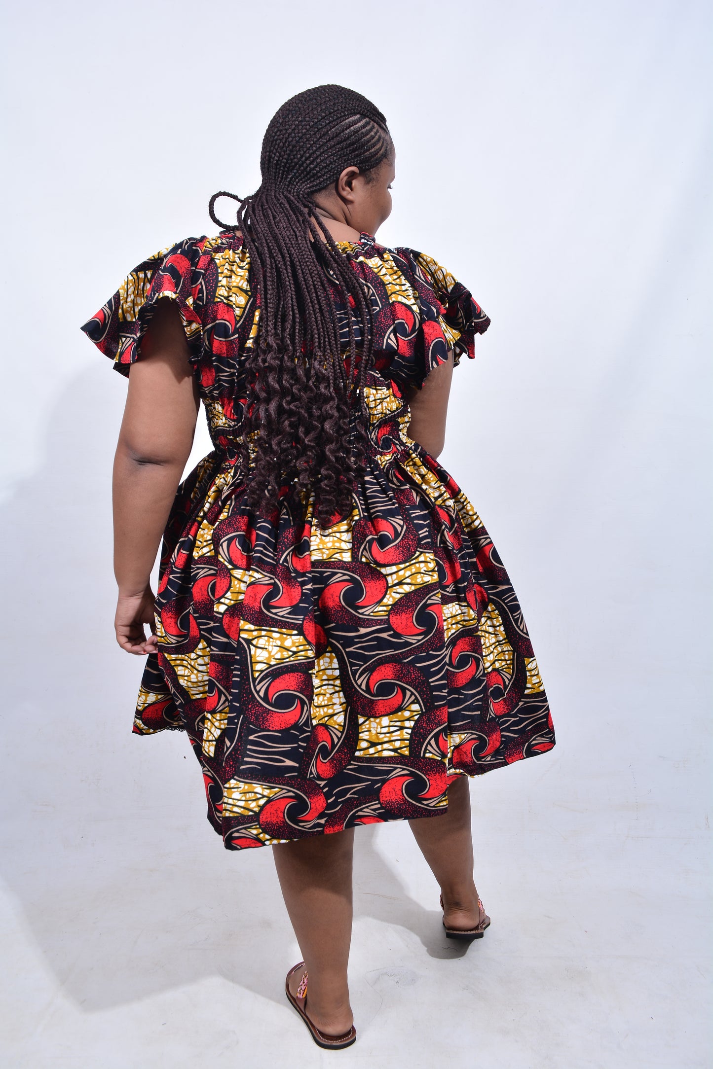 T8215 Traditional African Kente Fabric Red, Yellow, Brown, White & Black Dress