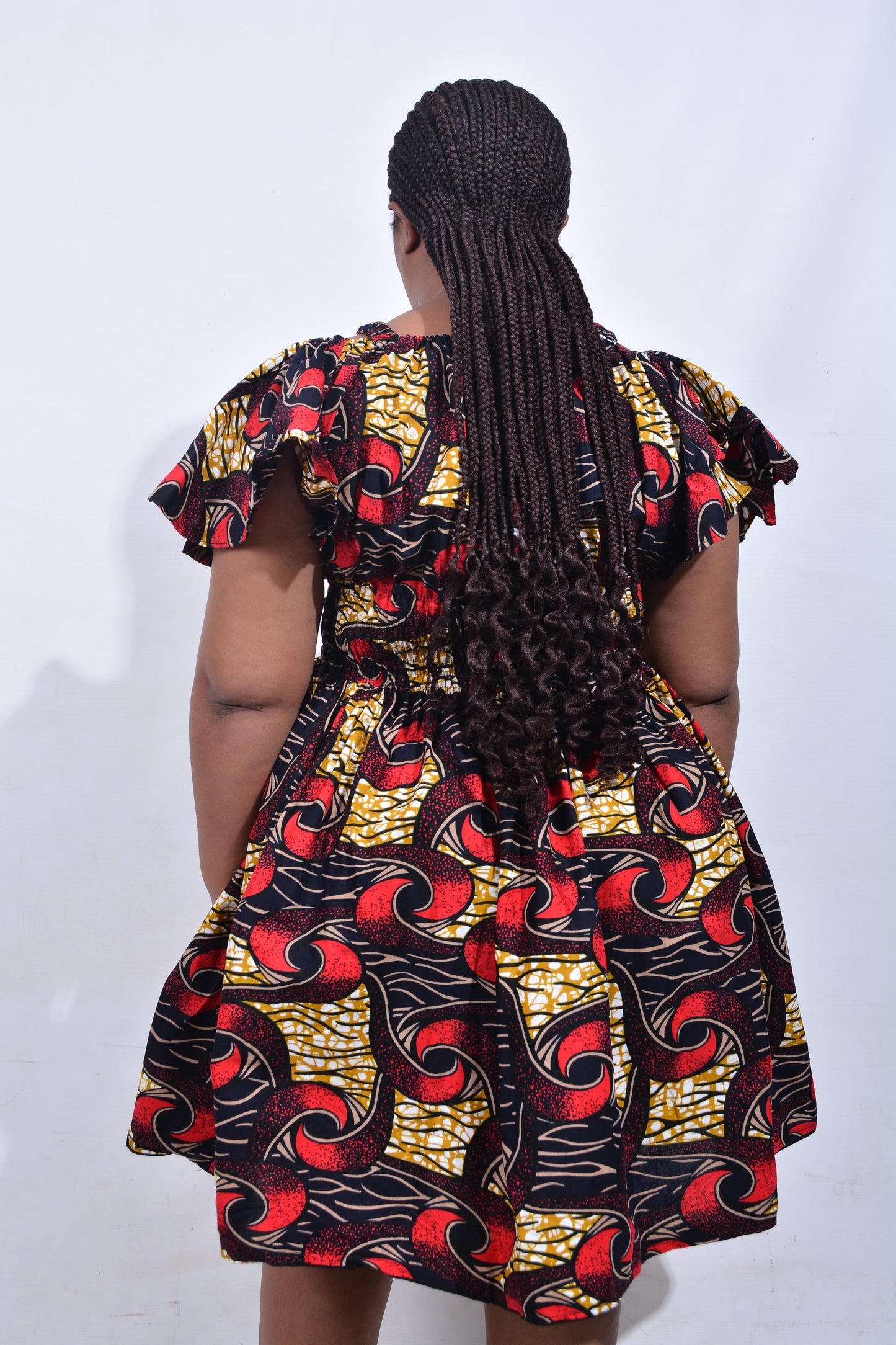 T8215 Traditional African Kente Fabric Red, Yellow, Brown, White & Black Dress