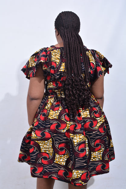 T8215 Traditional African Kente Fabric Red, Yellow, Brown, White & Black Dress