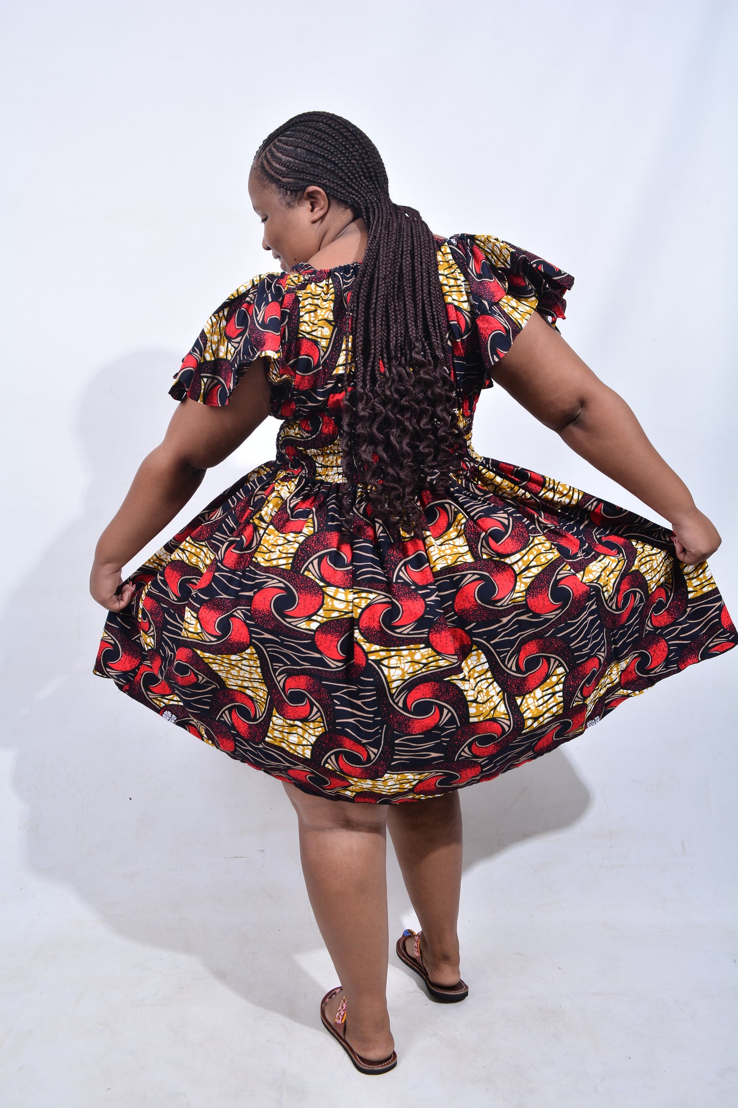 T8215 Traditional African Kente Fabric Red, Yellow, Brown, White & Black Dress
