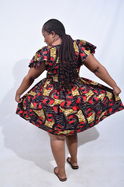 T8215 Traditional African Kente Fabric Red, Yellow, Brown, White & Black Dress