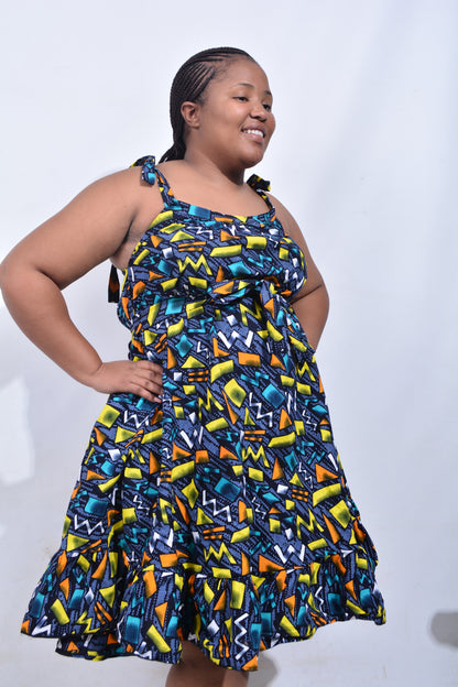 T8214 Traditional African Kente Fabric Green, Yellow, Navy, White & Black Dress