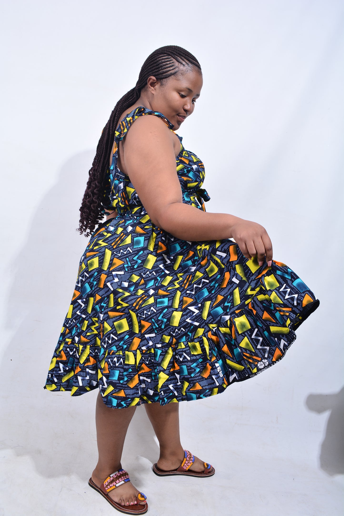 T8214 Traditional African Kente Fabric Green, Yellow, Navy, White & Black Dress