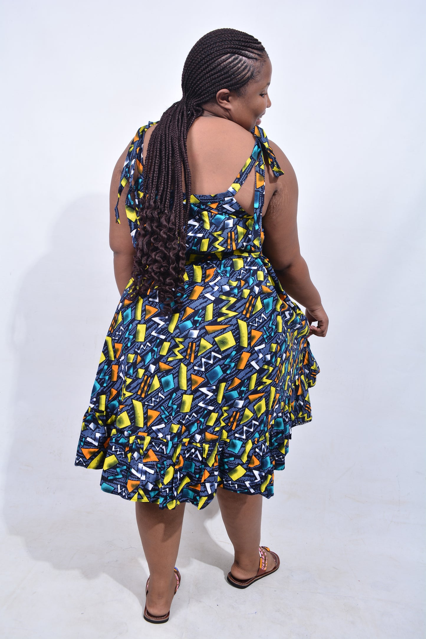 T8214 Traditional African Kente Fabric Green, Yellow, Navy, White & Black Dress