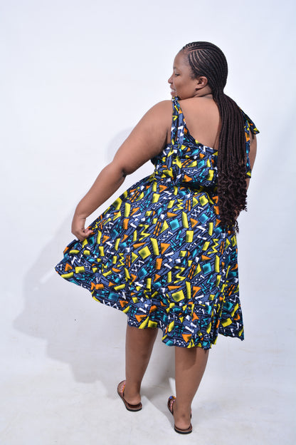 T8214 Traditional African Kente Fabric Green, Yellow, Navy, White & Black Dress