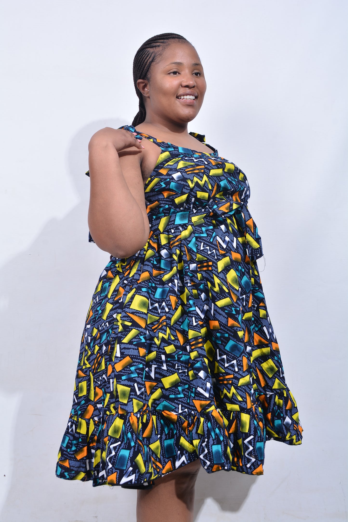 T8214 Traditional African Kente Fabric Green, Yellow, Navy, White & Black Dress