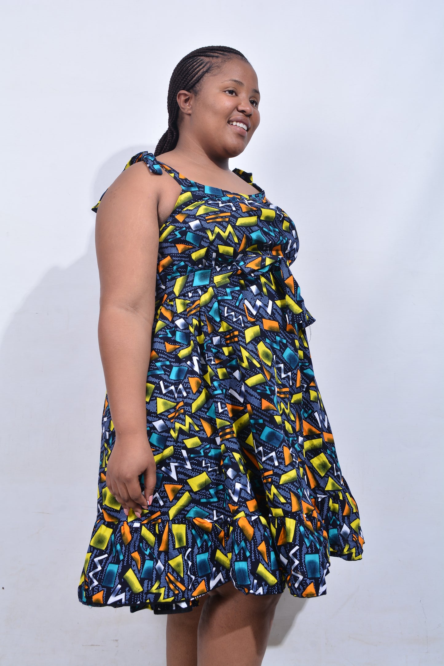 T8214 Traditional African Kente Fabric Green, Yellow, Navy, White & Black Dress