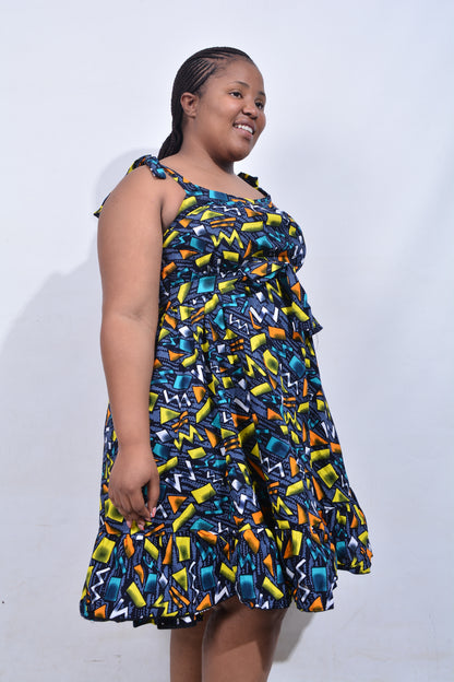 T8214 Traditional African Kente Fabric Green, Yellow, Navy, White & Black Dress