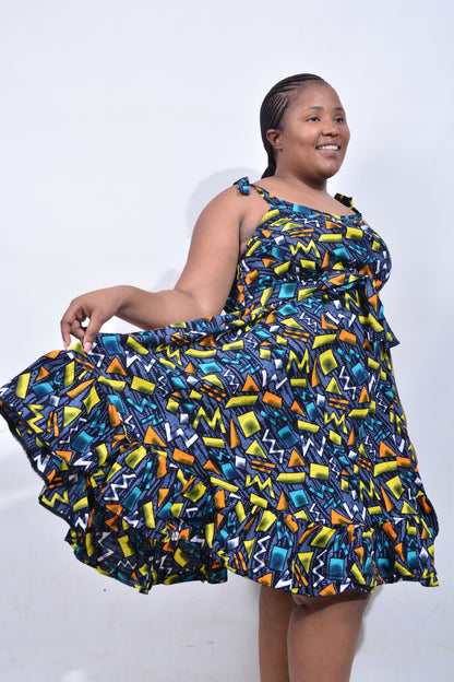 T8214 Traditional African Kente Fabric Green, Yellow, Navy, White & Black Dress