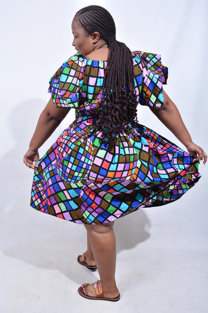 T8183 Traditional African Kente Fabric Pink, Purple, Green, Blue, Brown & Black Dress