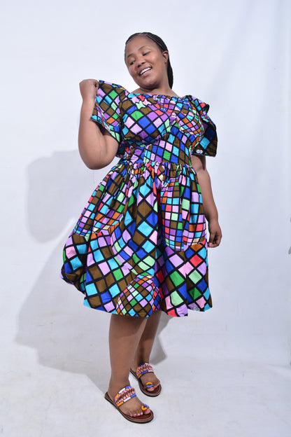 T8183 Traditional African Kente Fabric Pink, Purple, Green, Blue, Brown & Black Dress