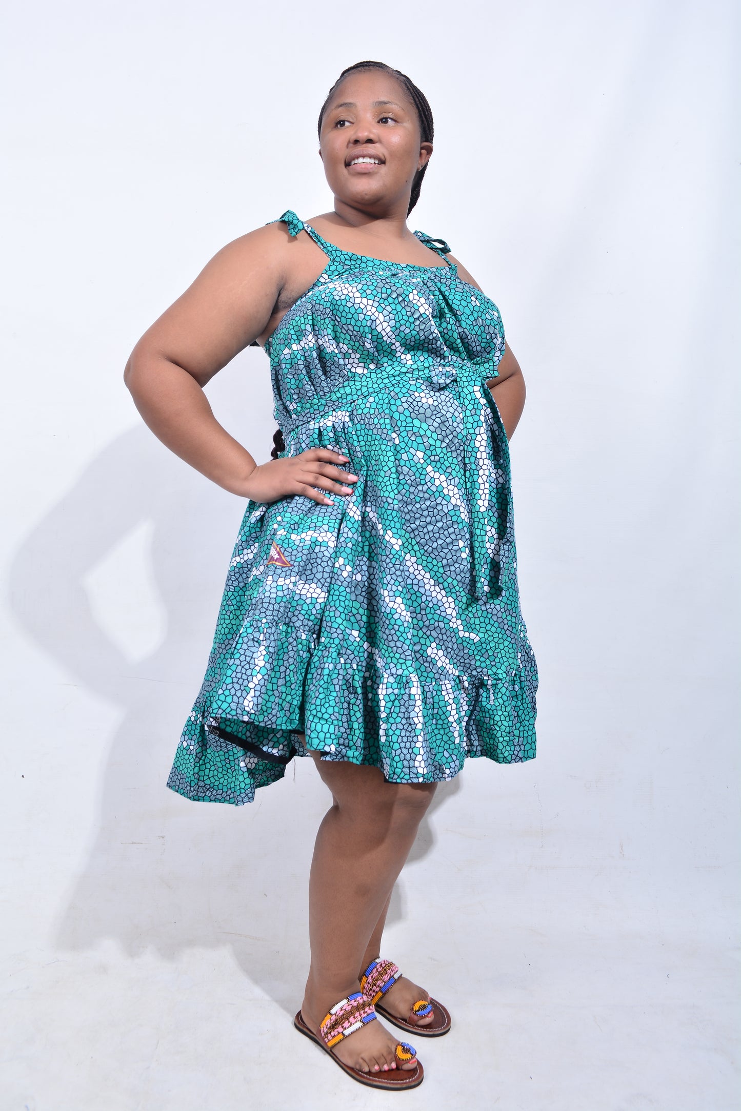 T8184 Traditional African Kente Fabric Green, White & Black Dress