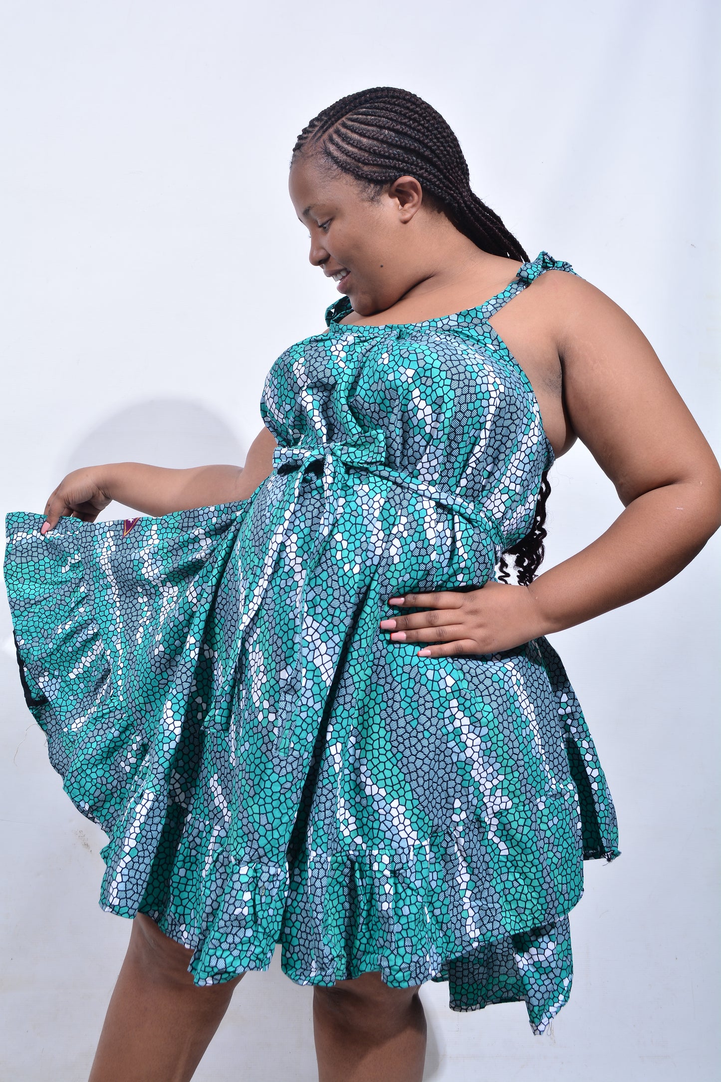 T8184 Traditional African Kente Fabric Green, White & Black Dress