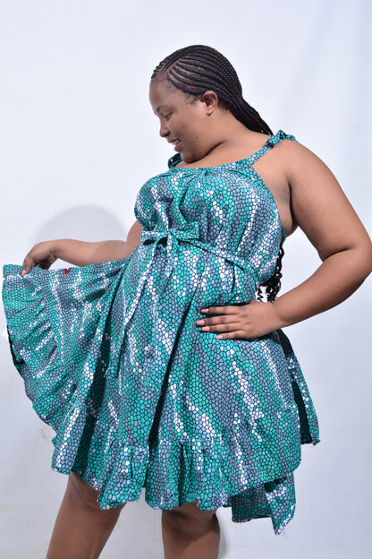 T8184 Traditional African Kente Fabric Green, White & Black Dress