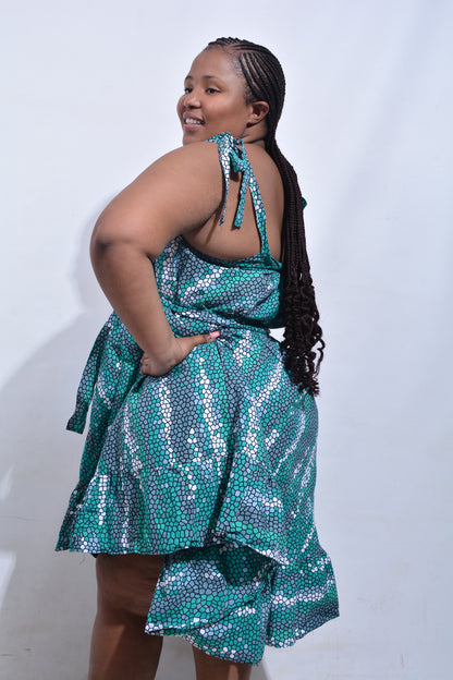 T8184 Traditional African Kente Fabric Green, White & Black Dress