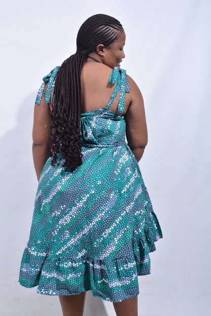 T8184 Traditional African Kente Fabric Green, White & Black Dress