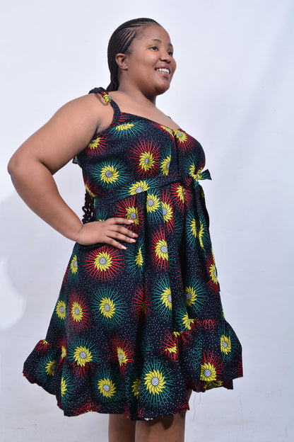 T8185 Traditional African Kente Fabric Black, Yellow, Red, Green & White Dress