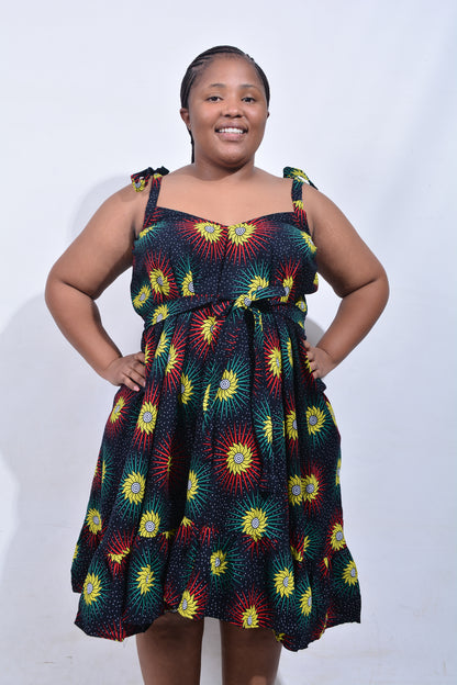 T8185 Traditional African Kente Fabric Black, Yellow, Red, Green & White Dress
