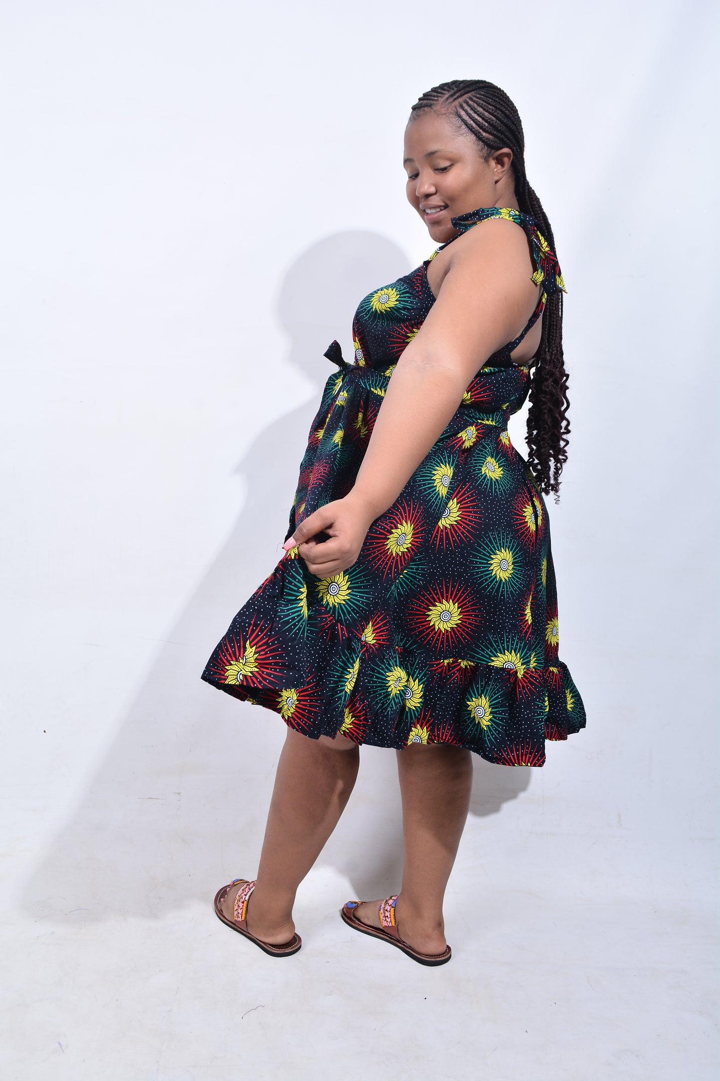 T8185 Traditional African Kente Fabric Black, Yellow, Red, Green & White Dress