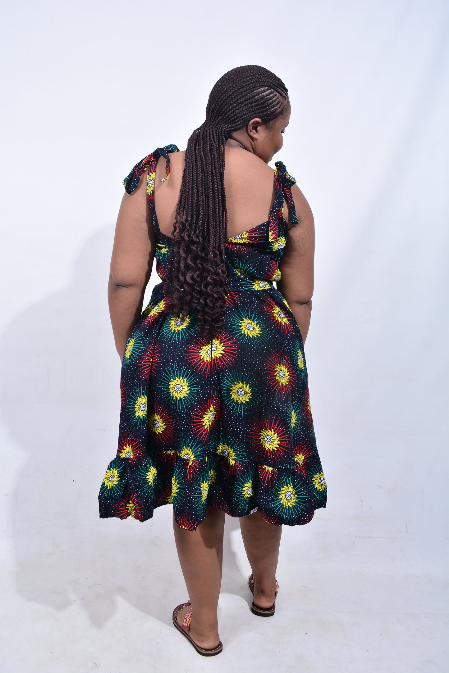 T8185 Traditional African Kente Fabric Black, Yellow, Red, Green & White Dress