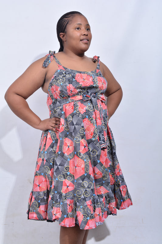 T8186 Traditional African Kente Fabric Red Black White & Mustard Dress