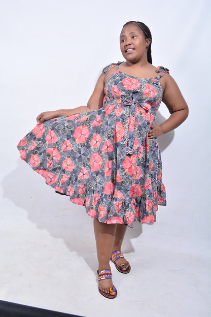 T8186 Traditional African Kente Fabric Red Black White & Mustard Dress