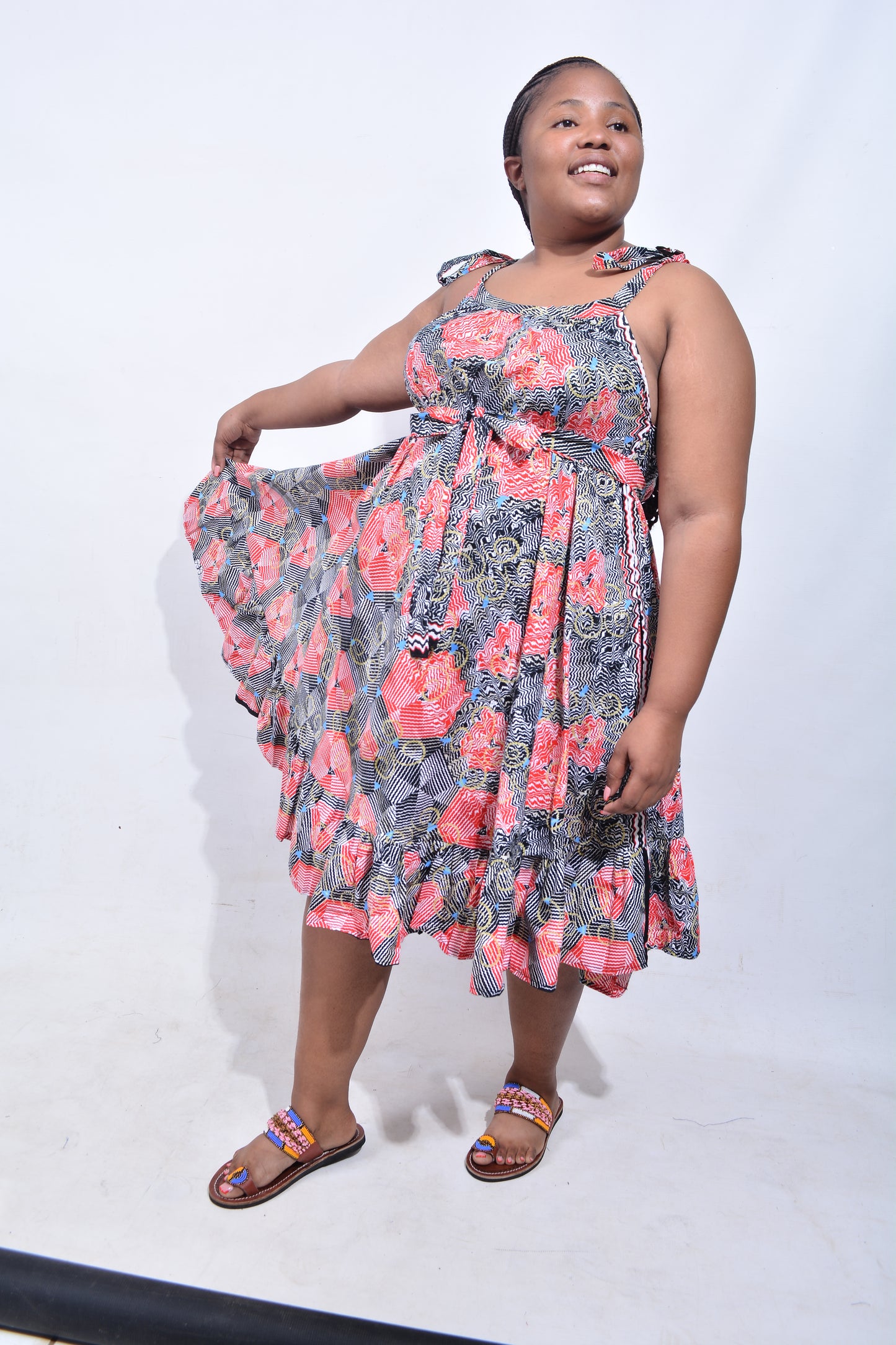 T8186 Traditional African Kente Fabric Red Black White & Mustard Dress