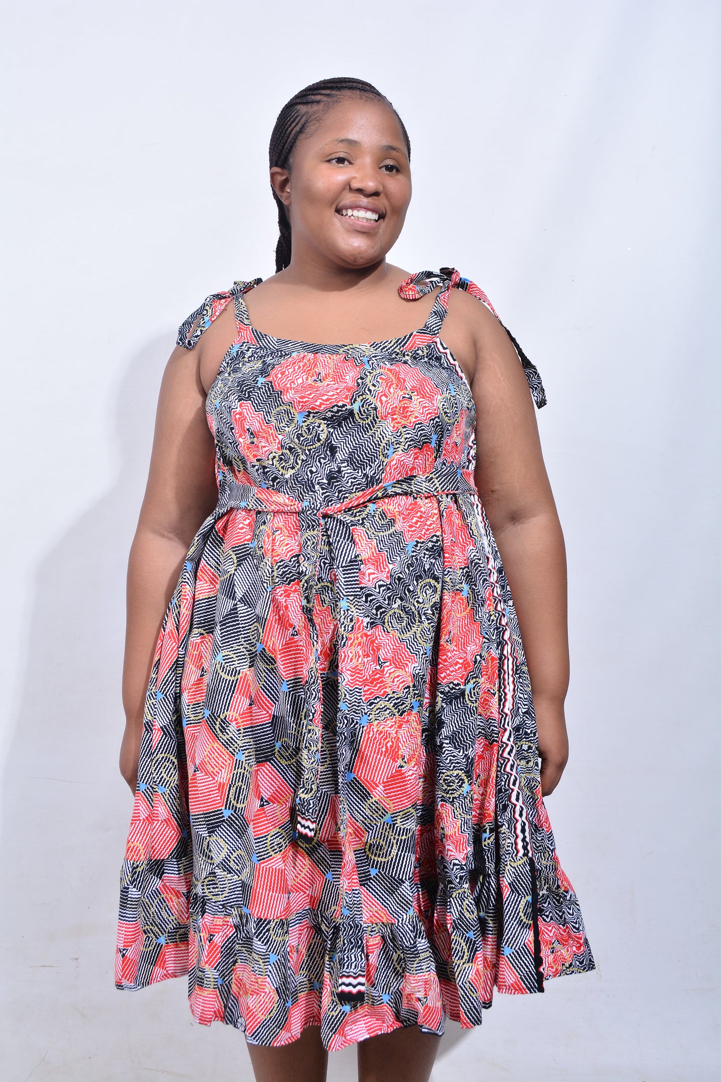 T8186 Traditional African Kente Fabric Red Black White & Mustard Dress