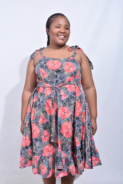 T8186 Traditional African Kente Fabric Red Black White & Mustard Dress