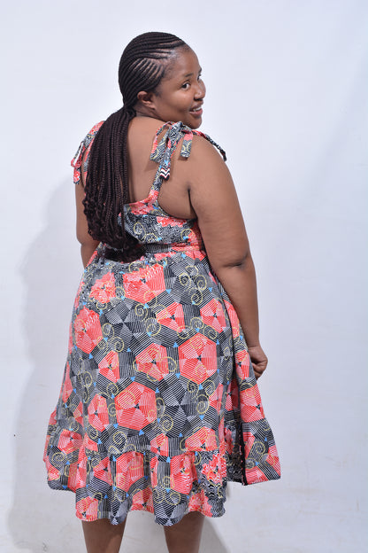 T8186 Traditional African Kente Fabric Red Black White & Mustard Dress