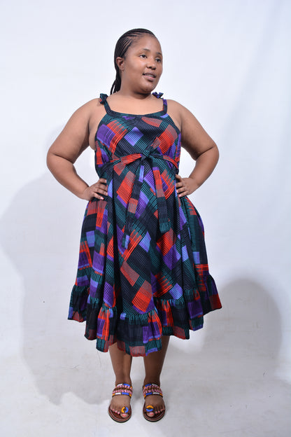 T8186 Traditional African Kente Fabric Black, Red, Green, Purple & Grey Dress
