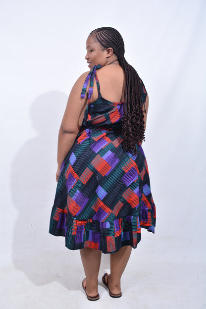 T8186 Traditional African Kente Fabric Black, Red, Green, Purple & Grey Dress