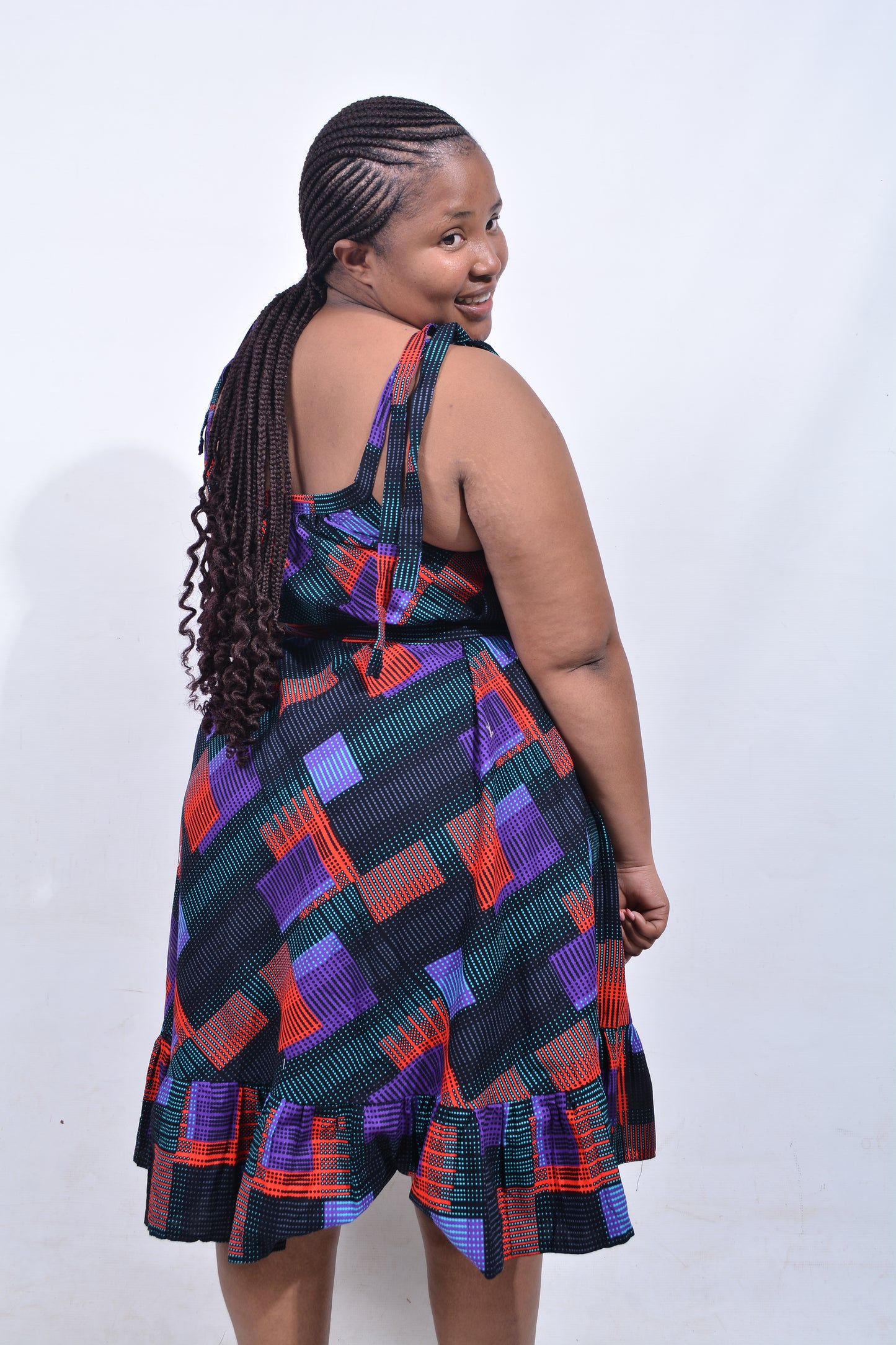 T8186 Traditional African Kente Fabric Black, Red, Green, Purple & Grey Dress