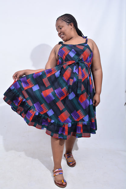 T8186 Traditional African Kente Fabric Black, Red, Green, Purple & Grey Dress