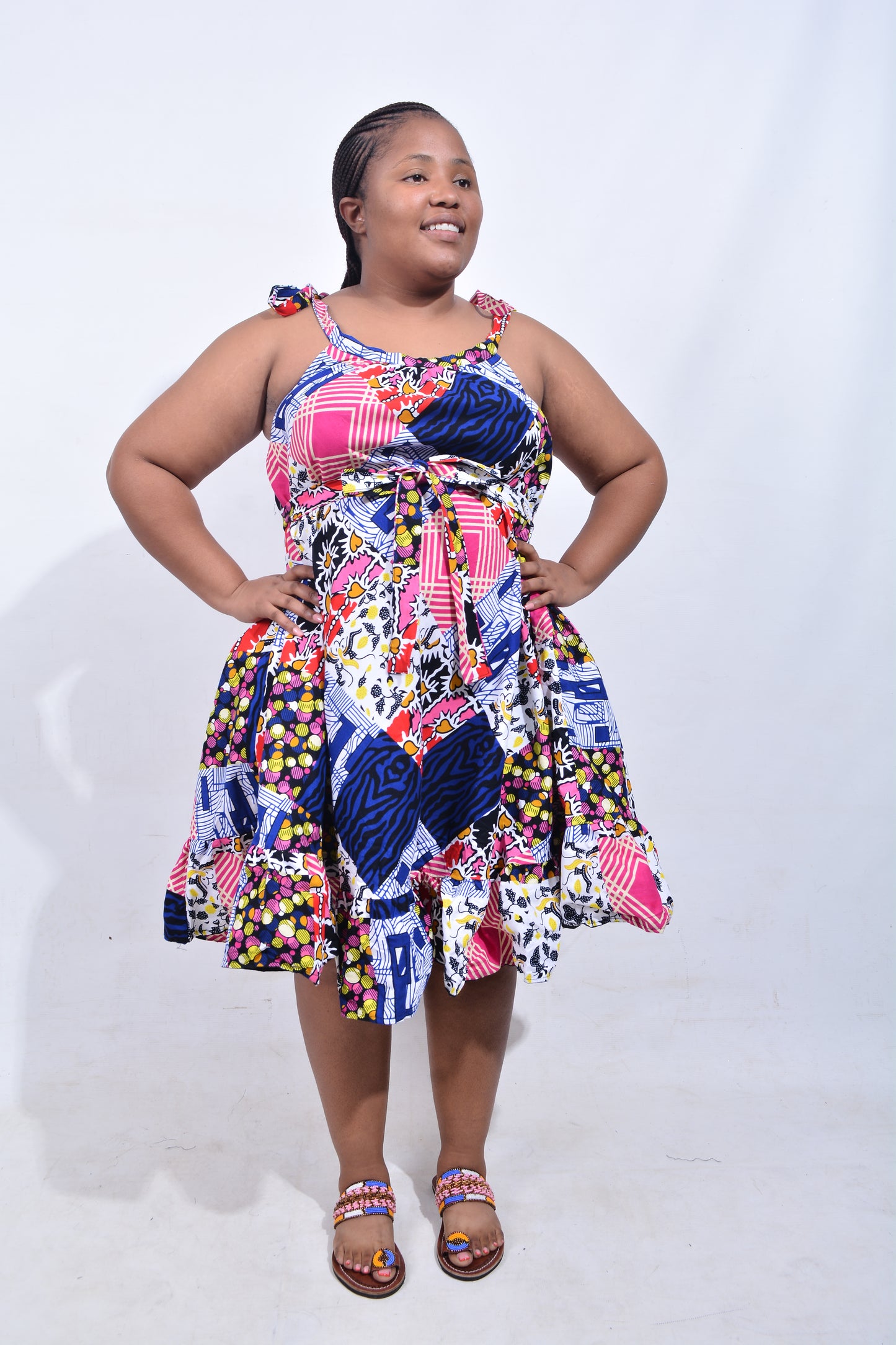 T8188 Traditional African Kente Fabric Pink, Blue, White, Red & Yellow Dress