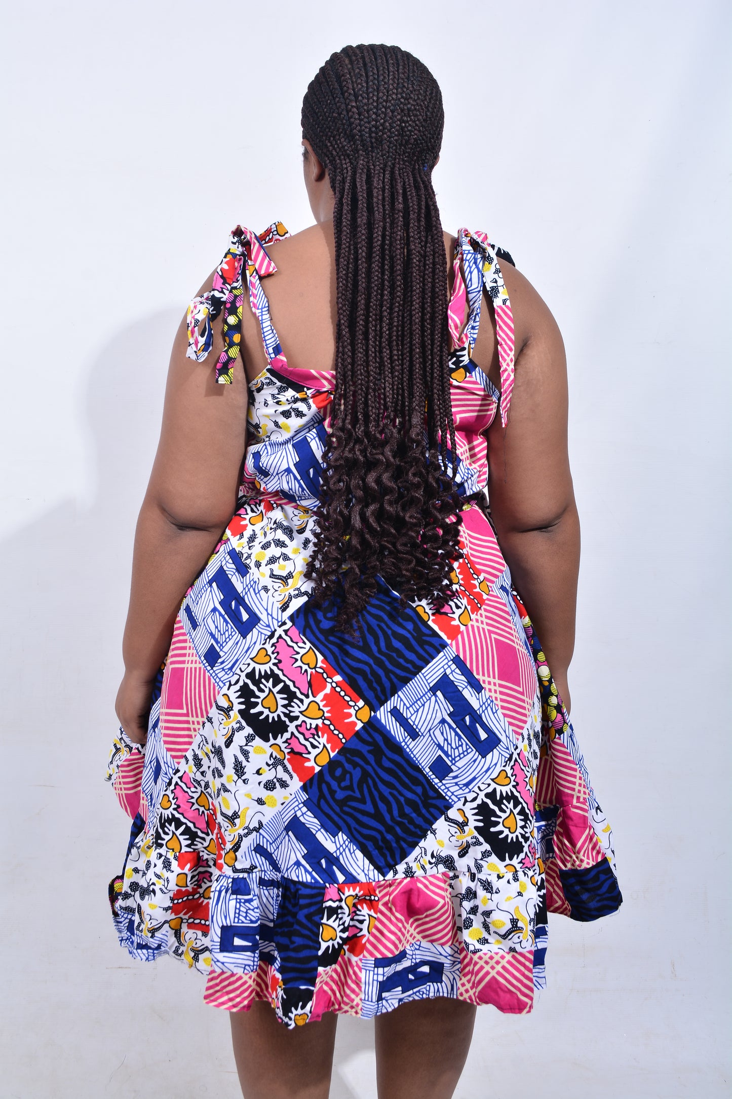 T8188 Traditional African Kente Fabric Pink, Blue, White, Red & Yellow Dress