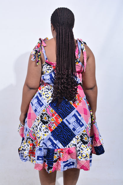 T8188 Traditional African Kente Fabric Pink, Blue, White, Red & Yellow Dress