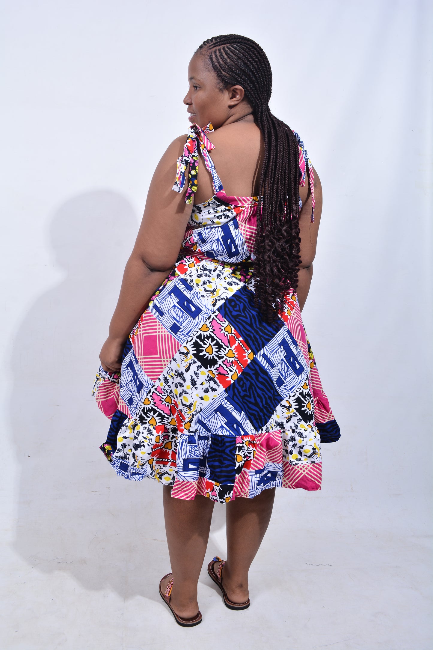 T8188 Traditional African Kente Fabric Pink, Blue, White, Red & Yellow Dress