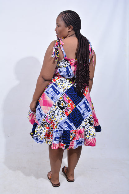 T8188 Traditional African Kente Fabric Pink, Blue, White, Red & Yellow Dress