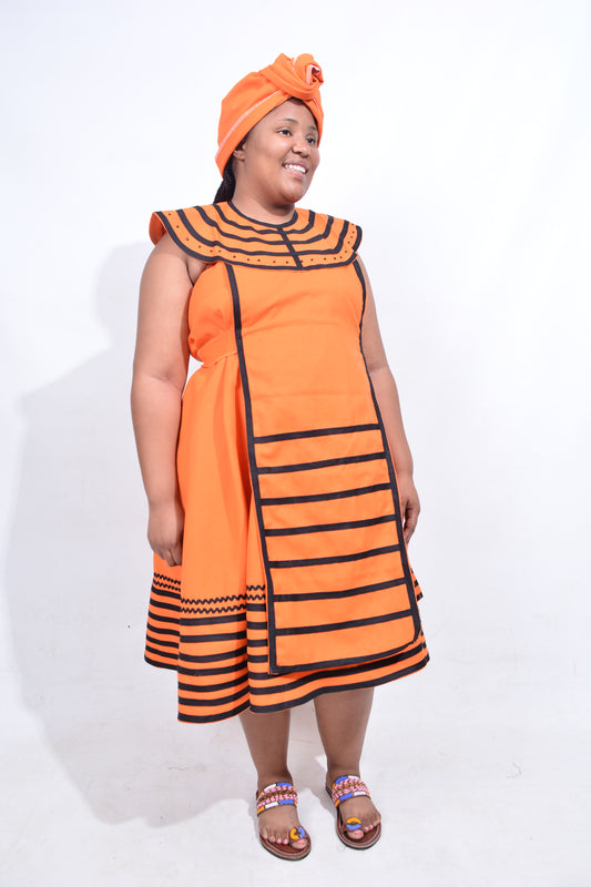 T8189 Traditional Xhosa 3 piece African Orange & Black Outfit
