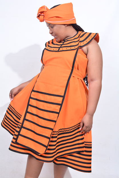 T8189 Traditional Xhosa 3 piece African Orange & Black Outfit