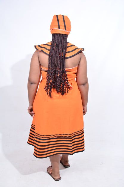 T8189 Traditional Xhosa 3 piece African Orange & Black Outfit