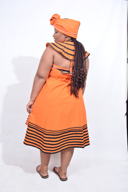 T8189 Traditional Xhosa 3 piece African Orange & Black Outfit