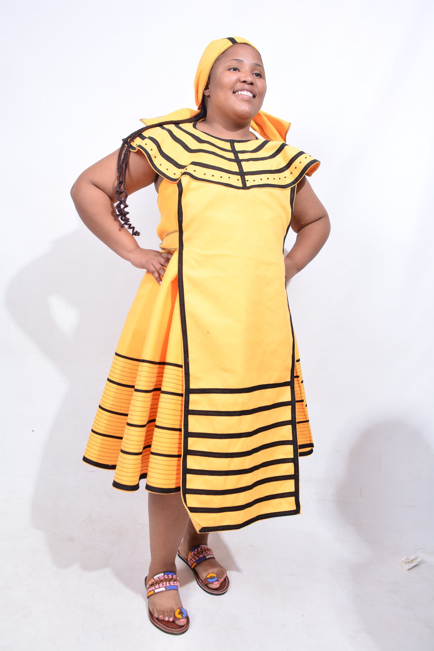 T8190 Traditional Xhosa 3 piece African Bright Yellow & Black Outfit