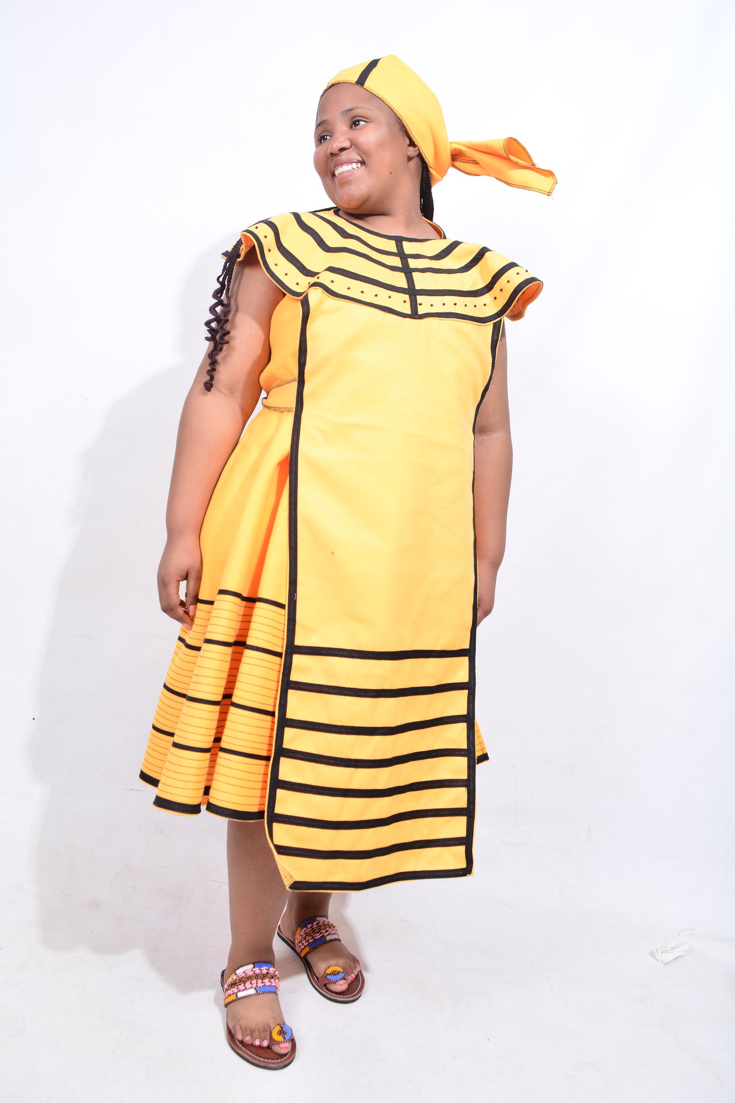 T8190 Traditional Xhosa 3 piece African Bright Yellow & Black Outfit