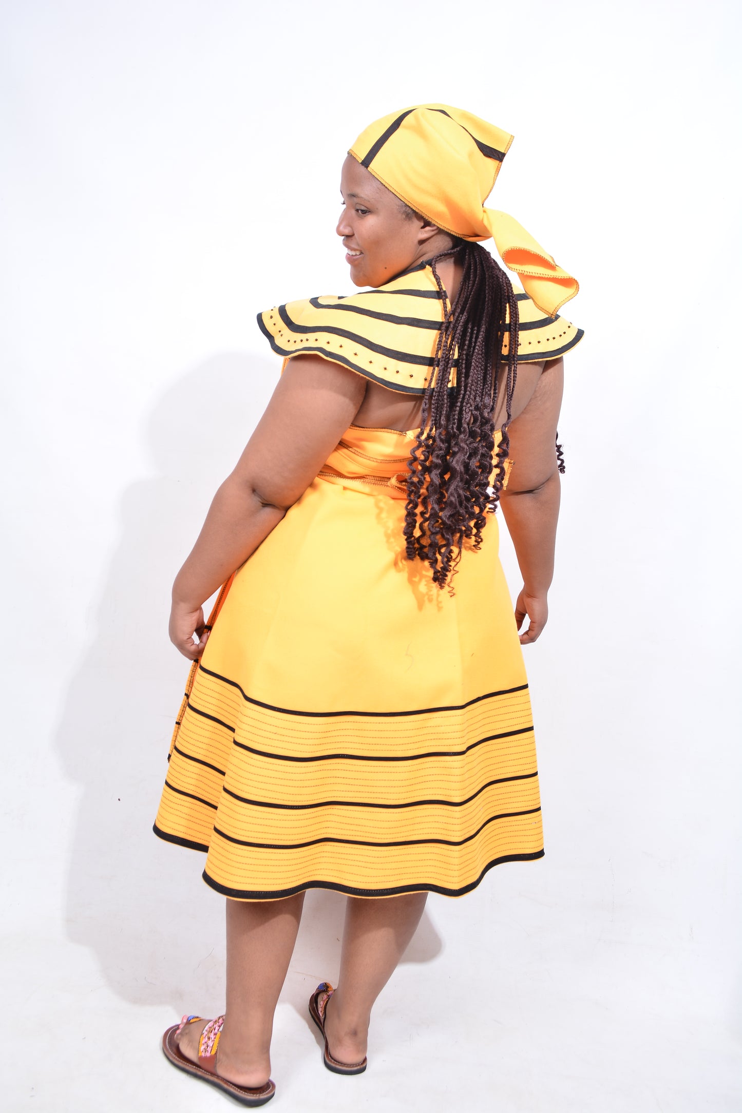 T8190 Traditional Xhosa 3 piece African Bright Yellow & Black Outfit